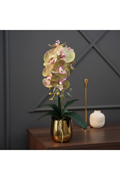 NEŞELİ ÇİÇEKLER Yapay Çiçek Islak Orkide 55 cm Lüks Gold Metal Saksıda Dekora...