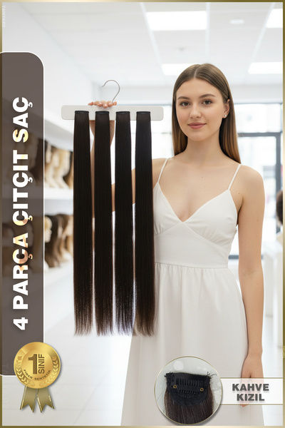 KONAK PERUK Fiber Sentetik Düz 4 Parça Çıt Çıt - Kahve Kızıl