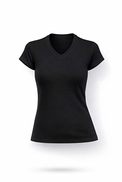 5in1Canpolat Μαύρο Βασικό Μπλουζάκι με V-λαιμόκοψη 011