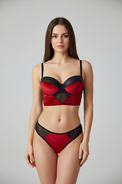 luvia Kırmızı Siyah Kadife Detaylı Destekli Sütyen Takımı Şık Kadın İç Giyim ...
