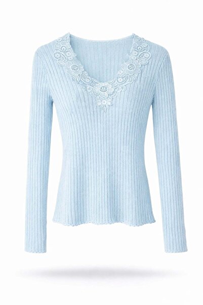 5in1Canpolat Baby Blue Lace V-Neck Mercerized Knitwear 261034