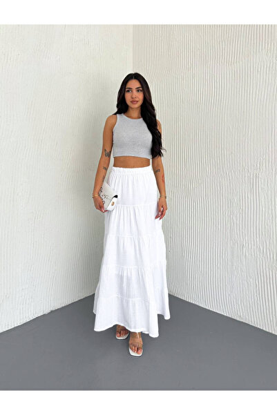 jöns since 1997 Fusta lungă albă de muselină elastică în talie pentru femei