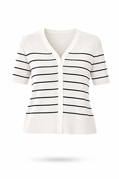5in1Canpolat Ecru Striped Short Sleeve Cardigan 251330