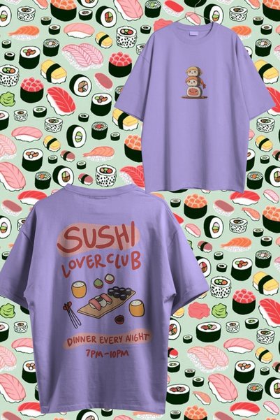 Ninkasiwear 'Sushi Lover Club' Printed Oversize Unisex 24/1 Cotton T-Shirt