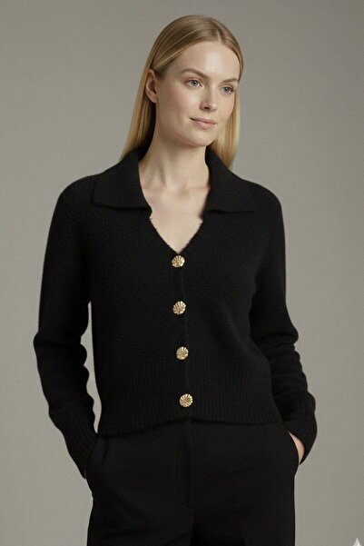 FTZ WOMEN Women's V-Neck Angora Cardigan Black 25299
