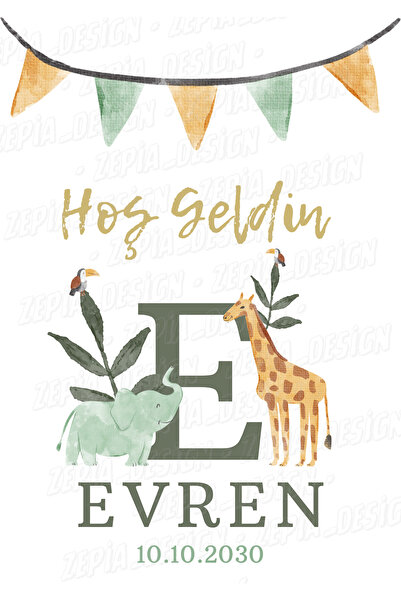 zepia design Kişiye Özel Yeni Doğan Hastane Kapı Süsü İsimliği A4 Laminasyonl...