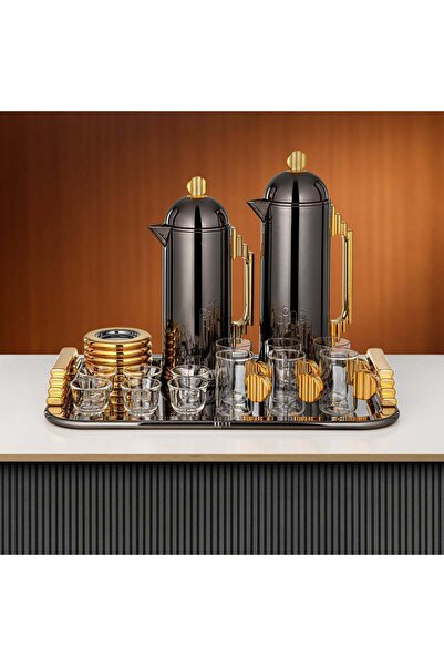 Almarjan طقم شاي وقهوة 21 قطعة باللون الأسود والذهبي