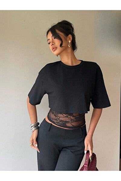 meren like your style Black Crop T-Shirt Women's Lace Detailed Round Neck Sty...