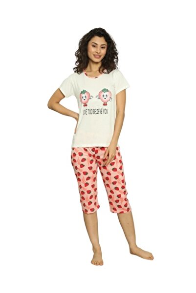Serena Women's cotton pajamas, strawberry print, short sleeves and 3/4 pants,...