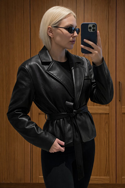COJIKO Women's Black Belt Detailed Double-Breasted Leather Jacket