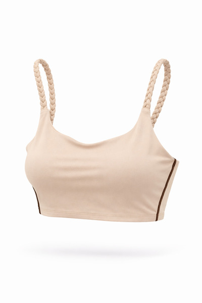 Hola Tait Women's Beige Lightly Supported Knitted Strap Sports Bra with Side Seam Detail and Padded Bustier