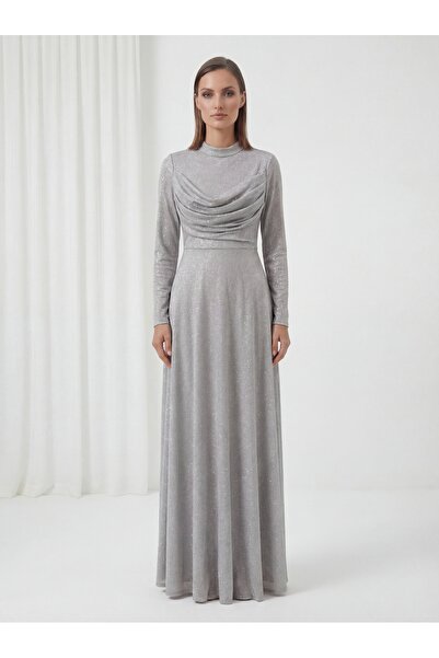 NAREZZA Simli Kumaş Drapeli Üst Detaylı Uzun Tesettür Abiye Elbise