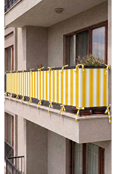 SHY TEKSTİL Yellow-White Lace-Up Balcony Curtain Iron Closure Privacy-Providi...