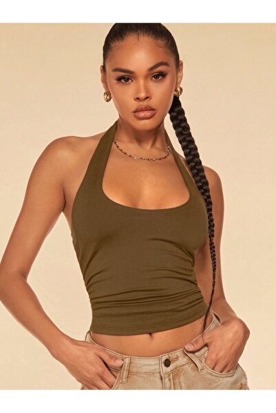 SLAW REZZ Backless Plain Halter Neck Double Layer Crop Top Bodysuit