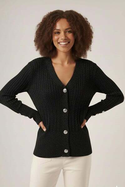 FTZ WOMEN Women's Silvery Hair Knitted Cardigan Black 25265