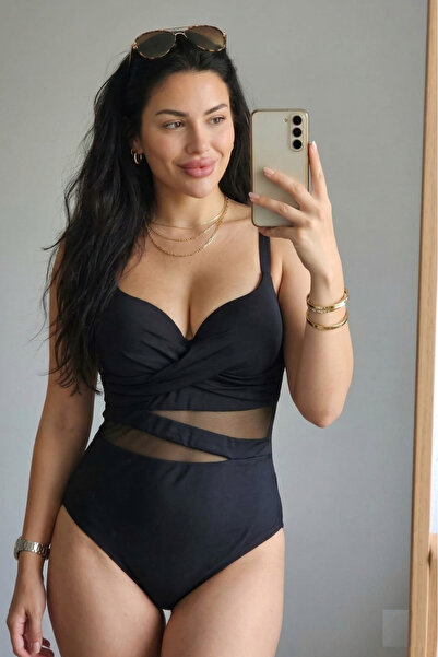 embody Full Black Modelling Swimsuit with Transparent Mesh Inserts w143