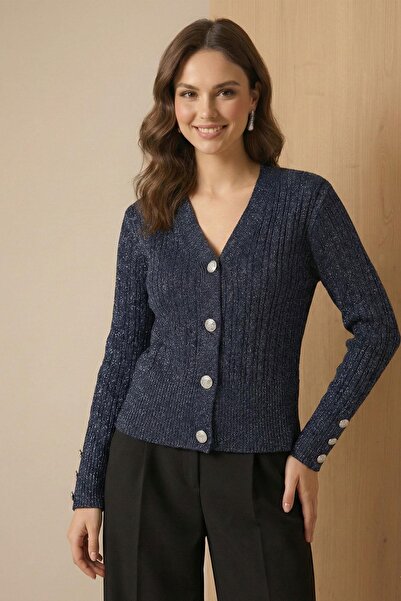 FTZ WOMEN Women's Silvery Hair Knitted Cardigan Navy Blue 25265