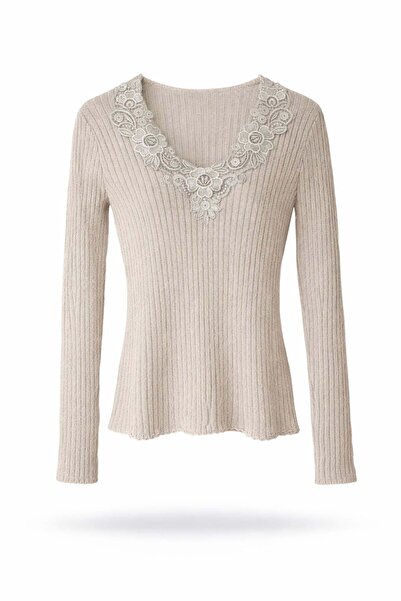 5in1Canpolat Stone Lace V-Neck Mercerized Knitwear 261034