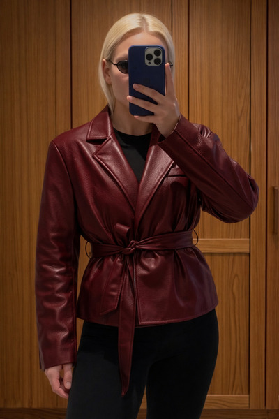 COJIKO Women's Burgundy Belt Detailed Double-Breasted Leather Jacket