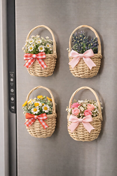 Avsar Home&Decor Mini Buzdolabı Süsü Hasır Sepetler, 4’lü Hediyelik, Sunumluk...