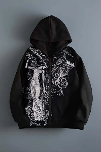 LOTS MODA Siyah Vintage Angel Affliction Cyber Grunge Y2K Kapüşonlu Unisex Hırka