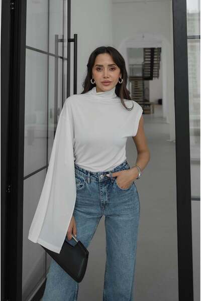 Havoş Ecru Single Sleeve Shawl Detailed Stand Collar Blouse