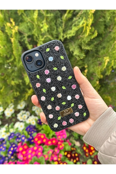 DGN İphone 13 ve İphone 14 Uyumlu Elmas Parıltılı Gül ve Yaprak Desenli Taşlı...