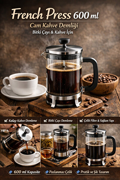 abanasa abanasa French Press 600 ml Cam Kahve Demliği – Bitki Çayı & Kahve İç...