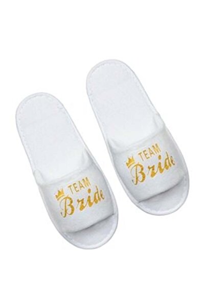 OEM Papuci de casă pentru femei, albi, decupați, cu imprimeu auriu Team Bride
