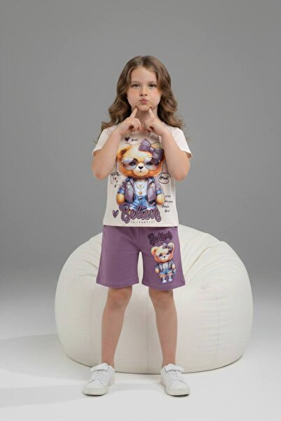 Yağmur Giyim PJKSKT Κοριτσίστικο κοντομάνικο σετ με σορτς με σχέδιο αρκουδάκι...