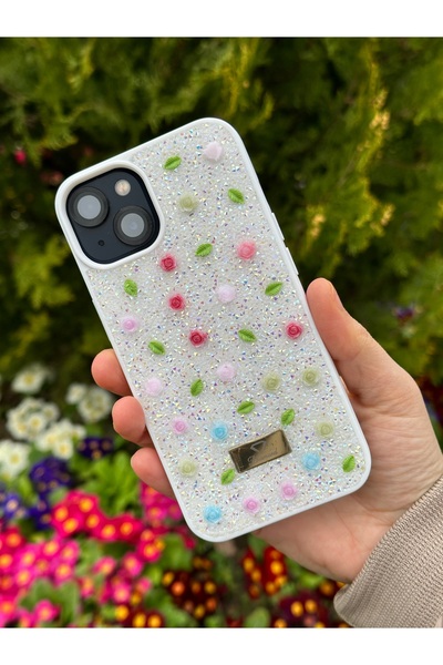 DGN İphone 13 ve İphone 14 Uyumlu Elmas Parıltılı Gül ve Yaprak Desenli Taşlı...