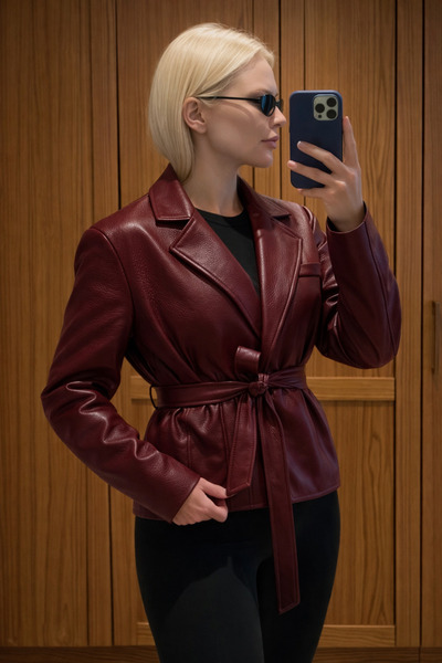 COJIKO Women's Burgundy Belt Detailed Double-Breasted Leather Jacket