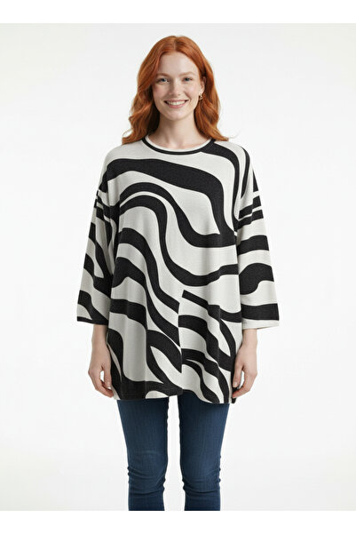 Neden Tekstil Oversize Black and White Patterned Women's Knitwear Blouse