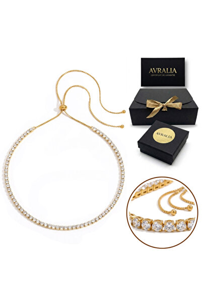 AVRALIA Colier Tennis Aur 18k (Placat), Cristale de Zirconiu, Reglabil, Garan...