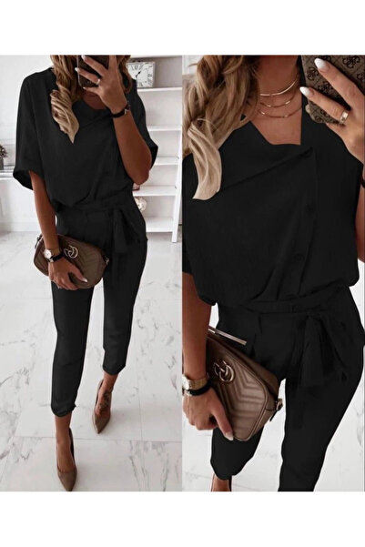 Butik Women's short sleeve button-down blouse and pants two-piece set