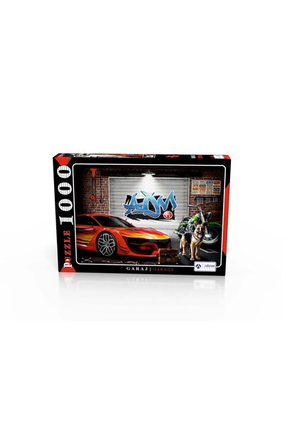 FarukExpress Premium Garaj Temalı 1000 Parça Puzzle – Araba, Motor ve Köpek F...