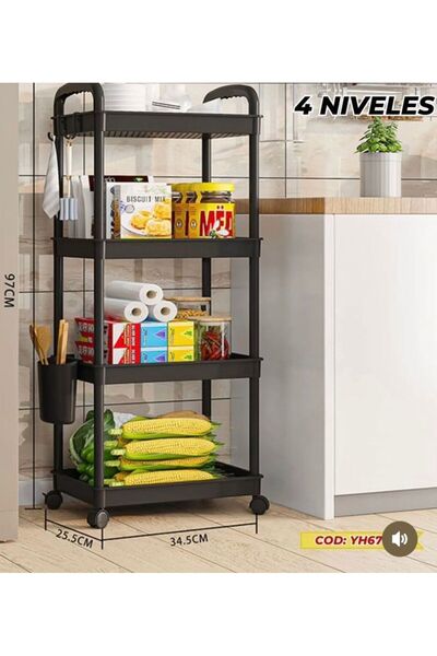 victiny Mobile shelving unit with wheels 4 storage shelves black 97x25.5x34.5