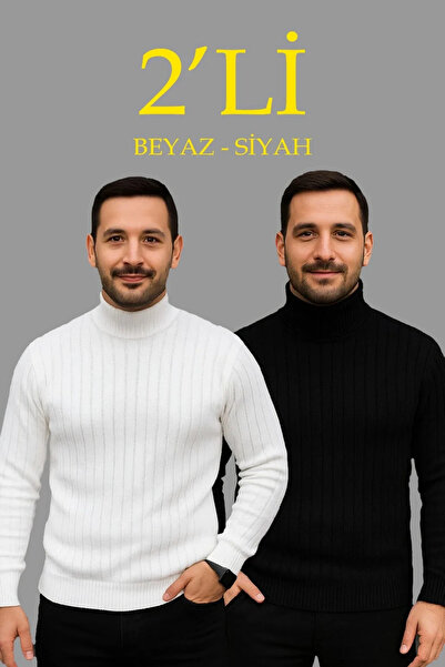 ALORA Men's Ribbed Sweater Full Turtleneck Knitwear Set of 2 White-Black