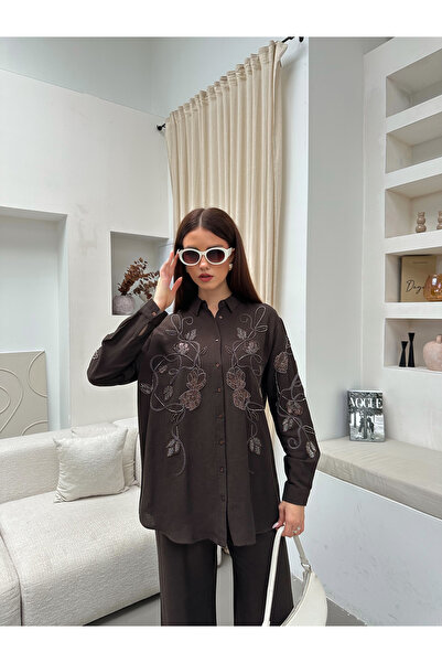 MİA NOURA Women's Oversize Shirt with Beaded Front and Sleeves