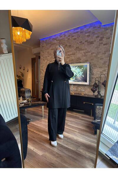 MİMİ Luxury Wear Women's Hijab Set Diving Fabric Half-Patched Zippered Top an...