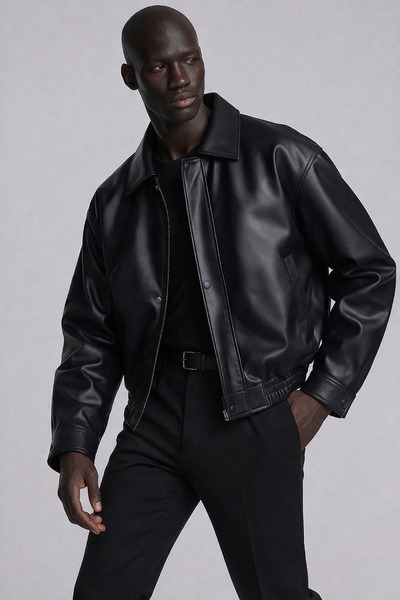 Bossago Jachetă din piele oversize pentru bărbați, neagră, vintage, tip bomber