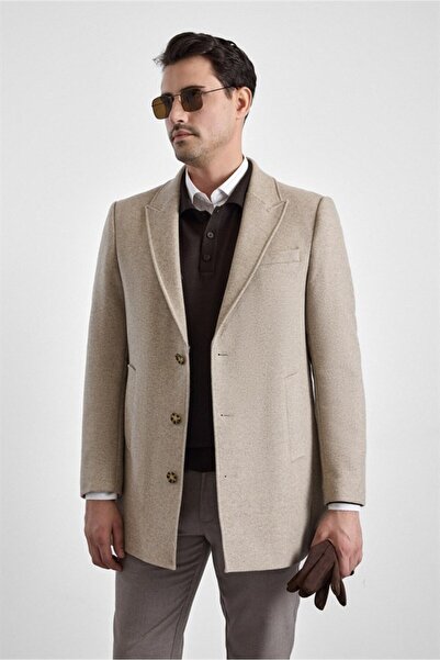 SÜVARİ Bej Slim Sivri Yaka Düz Yan Cepli Düğmeli Dolgusuz Standart Kaban