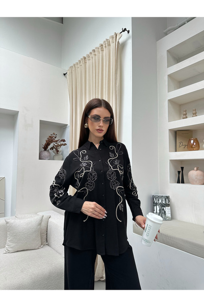 MİA NOURA Women's Oversize Shirt with Beaded Front and Sleeves