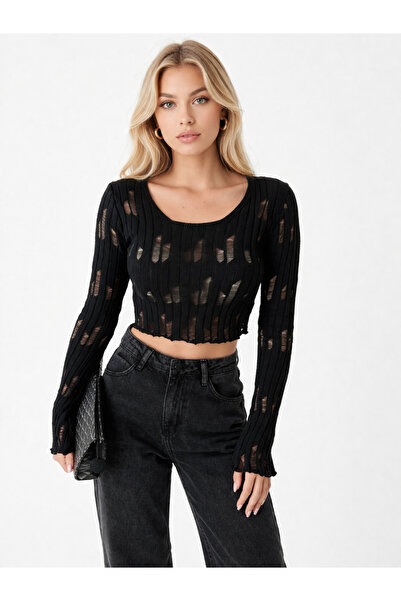 KAREL BUTİK Μαύρο Πλεκτό Γυναικείο Πουλόβερ με Λεπτομέρεια Σκάλας και Μακριά ...