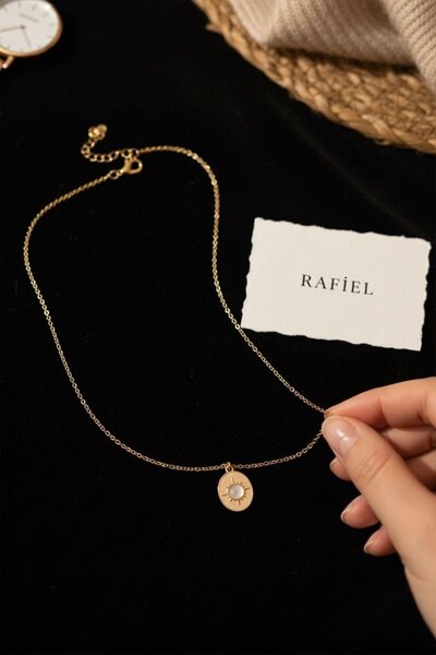 rafiel Ay Taşı Detaylı Güneş Figürlü Çelik İnce Zincir Kolye - 44 CM Kolye