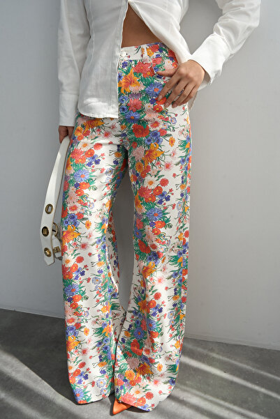 ASEDE İthal Kumaş Etnik Desenli Yüksek Bel Wide Leg Jean Kot Pantolon