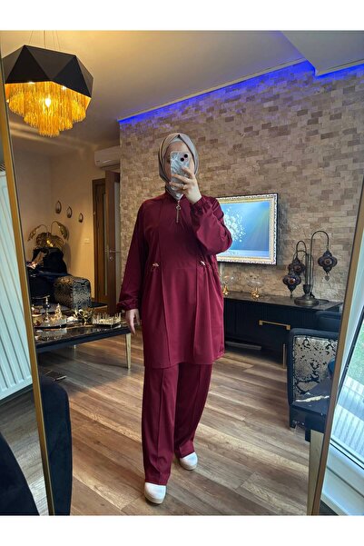 MİMİ Luxury Wear Women's Hijab Set Diving Fabric Half-Patched Zippered Top an...