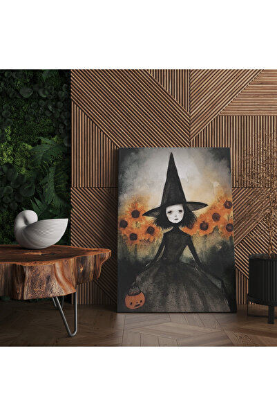 RUGSMODERN Kanvas Tablo Halloween Küçük Cadı Kız Eskitme