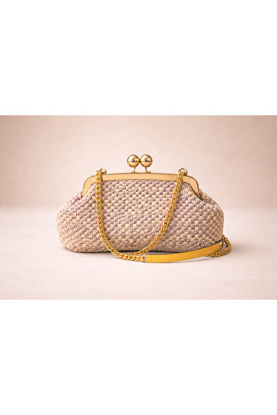 NO BRAND El Yapımı Kadın Çanta Gold Çerçeveli Zincir Askılı Şık Clutch Çanta