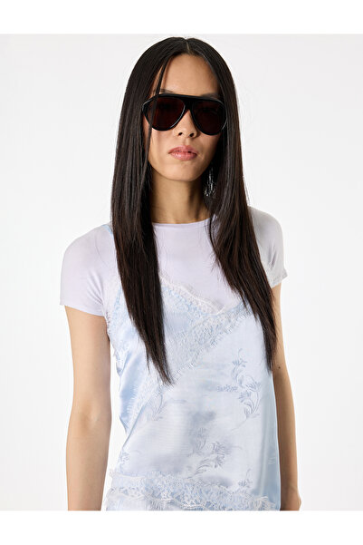 Koton Asymmetrical Lace Detailed V-Neck Satin Sleeveless Blouse